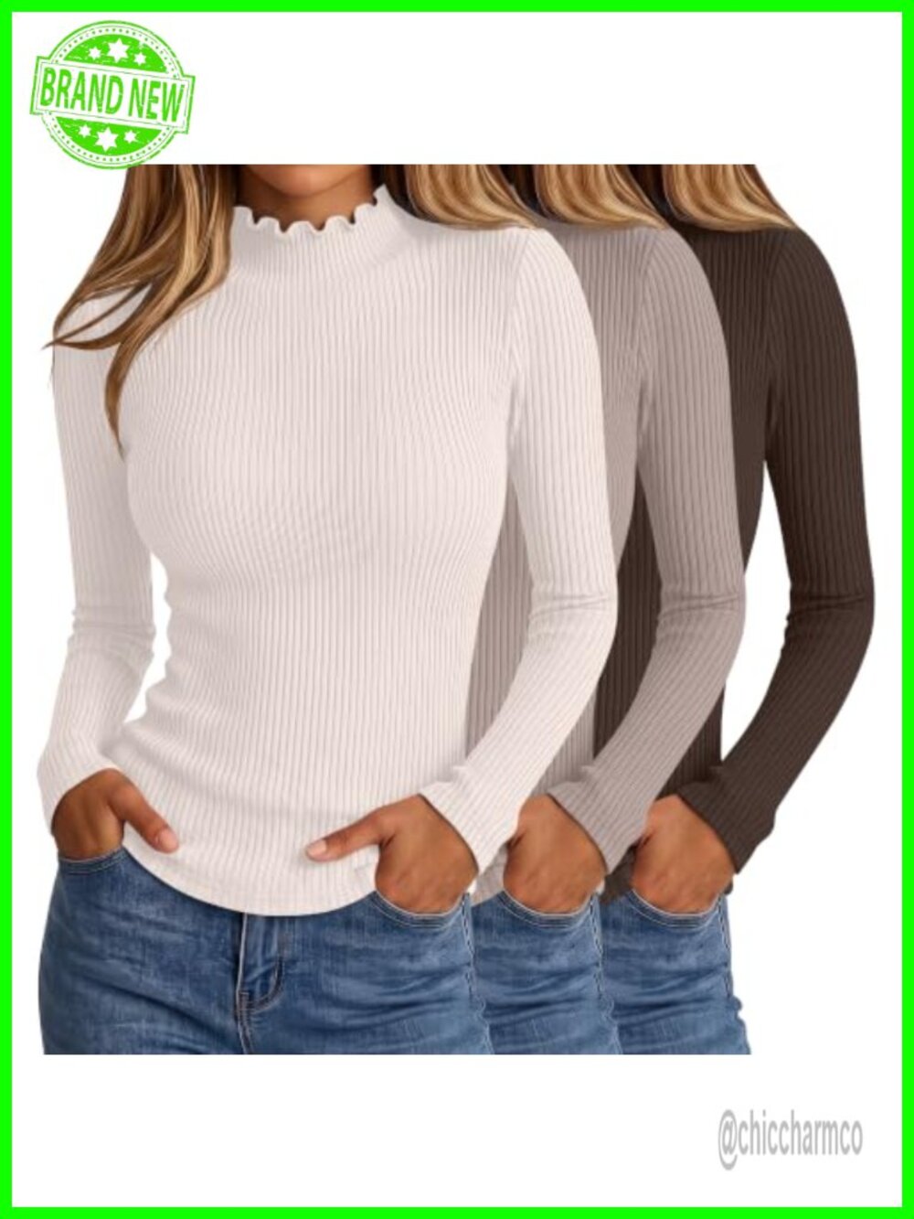 Ribbed Mock Turtleneck Slim Fit Long Sleeve Top 3 Pack